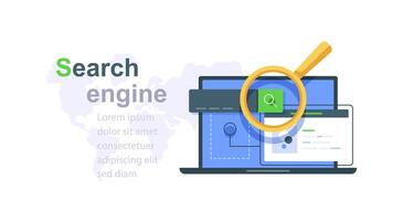 Concept of search engine with laptop computer search input stroke and magnifying glass on world map vector