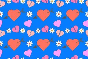 Bright seamless pattern with hearts and flowers in Memphis retro style. Ideal for Valentines Day, wedding invitations, festive decorations, and more. vector