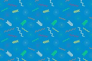 Colorful seamless Memphis pattern with geometric shapes, arrows, and zigzags on a blue background. Ideal for textile, print, and digital use. vector