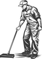 janitor in action full body with engraving style black color only vector