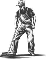 janitor in action full body with engraving style black color only vector