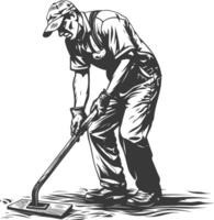 janitor in action full body with engraving style black color only vector
