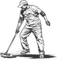 janitor in action full body with engraving style black color only vector