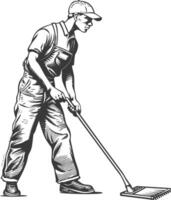 janitor in action full body with engraving style black color only vector