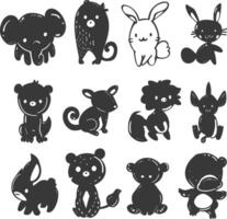 silhouette collection set hand drawn doodle cute animal black color only vector