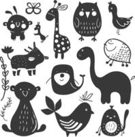 silhouette collection set hand drawn doodle cute animal black color only vector