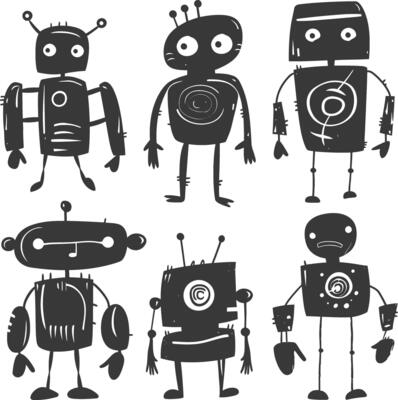 silhouette collection set hand drawn doodle cute robot black color only