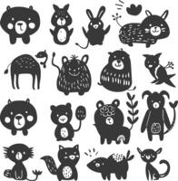 silhouette collection set hand drawn doodle cute animal black color only vector
