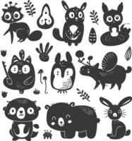 silhouette hand drawn cute animal kawaii doodle collection black color only vector