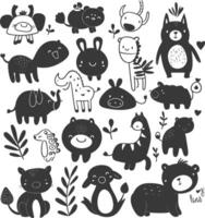 silhouette hand drawn cute animal kawaii doodle collection black color only vector