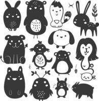 silhouette hand drawn cute animal kawaii doodle collection black color only vector