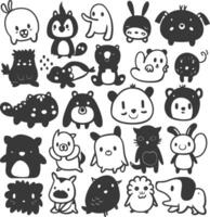 silhouette hand drawn cute animal kawaii doodle collection black color only vector