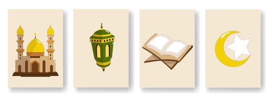 Bundling on the Islamic New Year. They are the mosque, Quran, lamp, and moon star. It can be used for wrapping paper, gift wrapping, textiles, etc vector