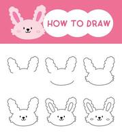 How to draw rabbit face cartoon step by step for learning, kid, education and coloring book. vector