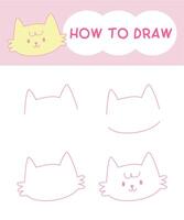 How to draw cat face cartoon step by step for learning, kid, education, coloring book vector
