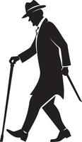 Old man walking and relying on a cane set against a white background vector