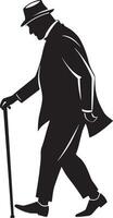 Old man walking and relying on a cane set against a white background vector