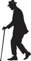 Old man walking and relying on a cane set against a white background vector