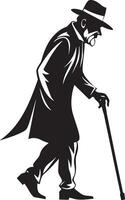 Old man walking and relying on a cane set against a white background vector