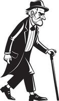 Old man walking and relying on a cane set against a white background vector