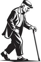Old man walking and relying on a cane set against a white background vector