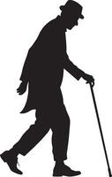 Old man walking and relying on a cane set against a white background vector