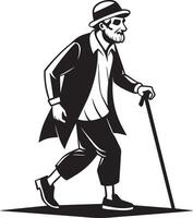 Old man walking and relying on a cane set against a white background vector