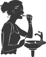 silhouette woman brushing his teeth in front of the mirror black color only vector