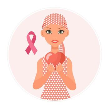 triste calvo niña con un rosado cinta en su manos. médico concepto de el lucha en contra cáncer. ilustración vector