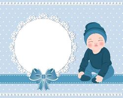 Baby card with a cute baby boy and a lace template with a bow for text. Design for newborns. Illustration vector
