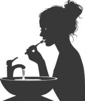 silhouette woman brushing his teeth in front of the mirror black color only vector