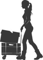 silhouette woman carry goods in loader box black color only vector