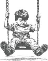little boy playing swing in the playground with engraving style black color only vector