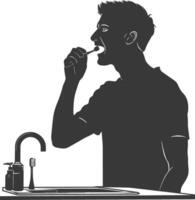 silhouette man brushing his teeth in front of the sink black color only vector