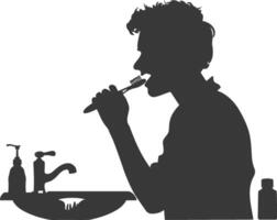 silhouette man brushing his teeth in front of the sink black color only vector