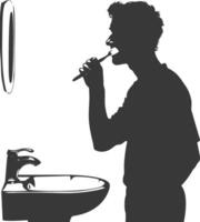 silhouette man brushing his teeth in front of the sink black color only vector
