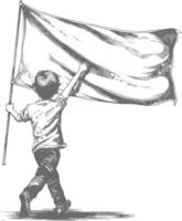 little boy ran while carrying a plain blank flag with engraving style black color only vector
