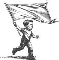 little boy ran while carrying a plain blank flag with engraving style black color only vector