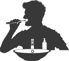 silhouette man brushing his teeth in front of the sink black color only vector