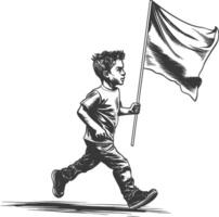 little boy ran while carrying a plain blank flag with engraving style black color only vector