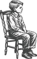 little boy sitting in the chair full body with engraving style black color only vector