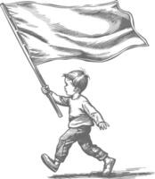 little boy ran while carrying a plain blank flag with engraving style black color only vector
