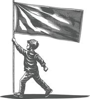 little boy ran while carrying a plain blank flag with engraving style black color only vector