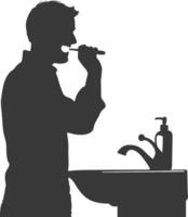 silhouette man brushing his teeth in front of the sink black color only vector