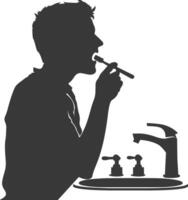 silueta hombre cepillado su dientes en frente de el lavabo negro color solamente vector