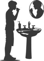 silhouette man brushing his teeth in front of the sink black color only vector