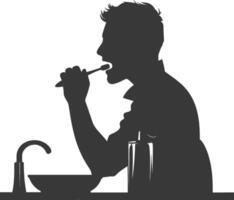 silhouette man brushing his teeth in front of the sink black color only vector