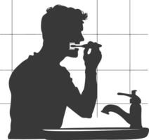 silhouette man brushing his teeth in front of the sink black color only vector