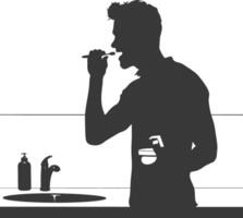 silhouette man brushing his teeth in front of the sink black color only vector
