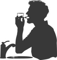 silhouette man brushing his teeth in front of the sink black color only vector